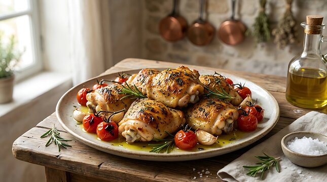 Roasted chicken thighs with cherry tomatoes and fresh herbs served on a rustic plate in the kitchen. roman chicken dish