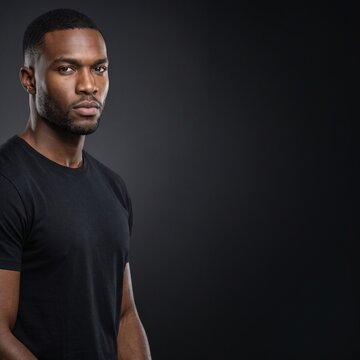 Serious young Black man in 20s looking at camera indoors against a dark gray studio background wearing a casual black t-shirt