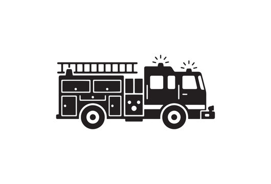 Fire truck vector icon, black silhouette of an emergency fire engine with ladder, professional firefighting vehicle illustration for safety signage