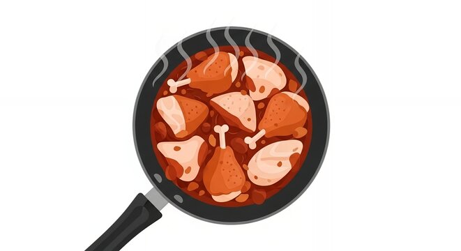 Top view vector illustration of delicious chicken stew with drumsticks and sauce cooking in a frying pan isolated on white background