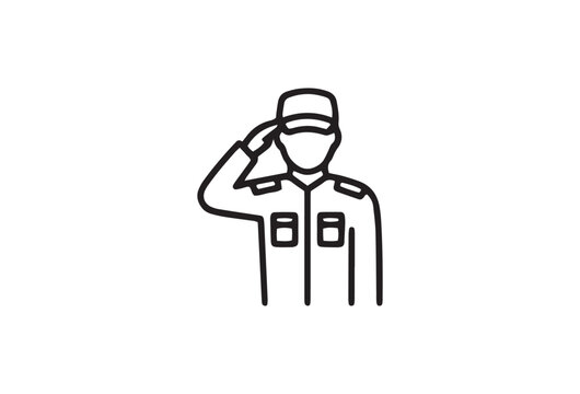 Military soldier saluting icon in thin line style, army officer character vector illustration, patriotic veteran man in uniform outline