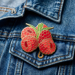 Obraz premium Enamel Raspberry Pin on Denim Jacket
