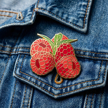Enamel Raspberry Pin on Denim Jacket