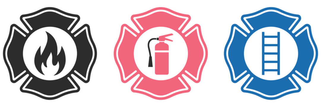 firefighter maltese cross emblem icons featuring a fire department badge, saint florian symbol, emergency rescue, public safety, fire protection, classic firefighting insignia, first responder identit