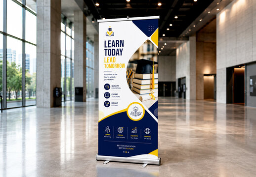 Modern Educational Roll Up Banner Mockup in School Lobby