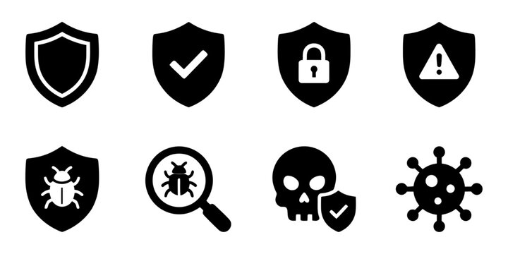 Flat set of cybersecurity and malware alert icons in black and white