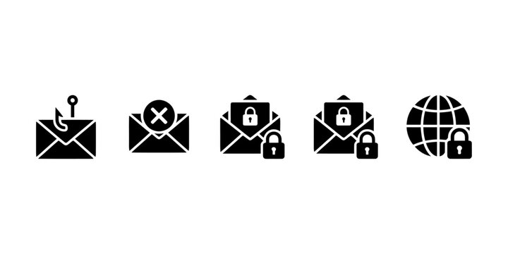 Set of five email security icons with lock and warning symbols