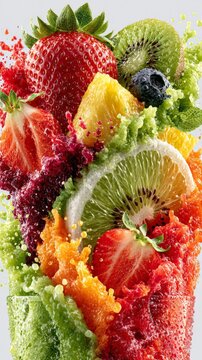 A vibrant splash of multifruit juice with strawberries, kiwi, orange, and blueberry bursting from a glass against a clean white background.