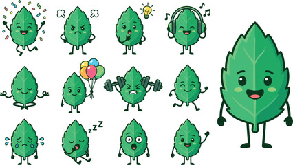 Cute Mint Leaf Cartoon Character Emoji Sticker Set with Different Expressions Emotions and Activities for Kids App Designs and Organic Brand Marketing Stickers © Joba