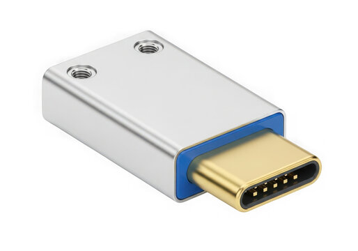 Modern usb type c metal adapter connector for digital devices isolated on transparent background