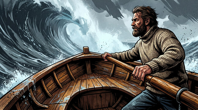 Intense graphic raster illustration of a brave, rugged bearded sailor rowing a small wooden boat, fighting for survival against a massive crushing wave in a dark, violent stormy sea.