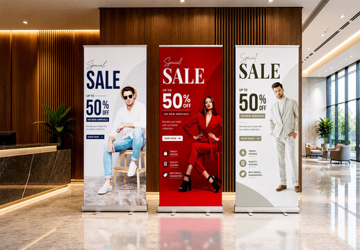 Modern Triple Roll Up Banner Mockup in Luxury Hotel Lobby