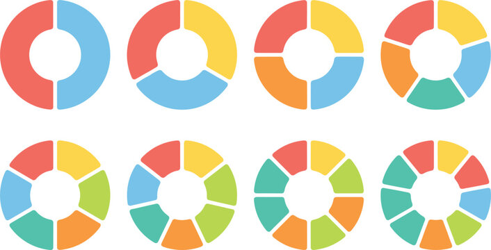 Colorful Donut Pie Chart Segment Set with Two Three Four Five Six Seven Eight and Nine Parts for Business Analytics Infographic Layouts