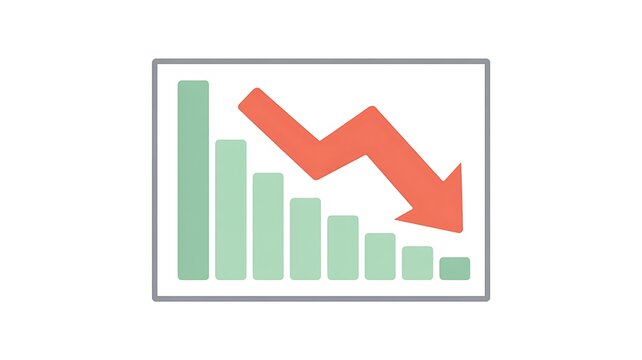 Financial market crash icon, red downward arrow over green bar chart, economic recession and stock market decline concept on white background