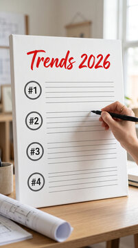 White canvas displays "Trends 2026" and numbered list, with a hand writing, symbolizing future planning and forecasting