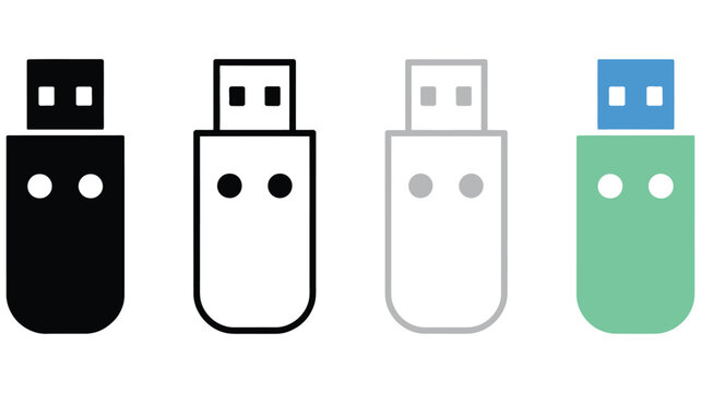 four different colored USB flash drives with various designs and connectors on a white background, portable data storage devices, digital backup accessories, removable memory technology, modern comput