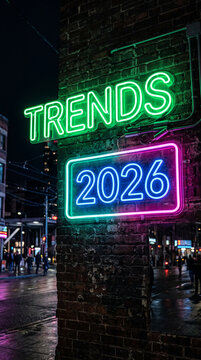 Neon signs "TRENDS 2026" illuminate a brick wall on a city street at night, symbolizing future foresight and urban innovation