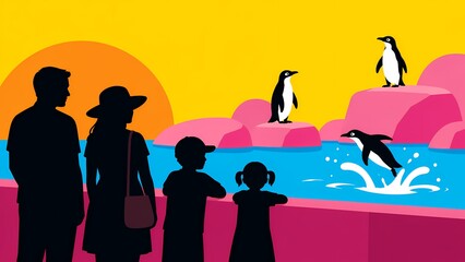 Fototapeta premium Family Watching Penguins at Colorful Zoo Exhibit