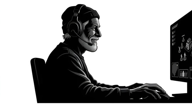 Senior man gamer vector playing video game with headset at computer
