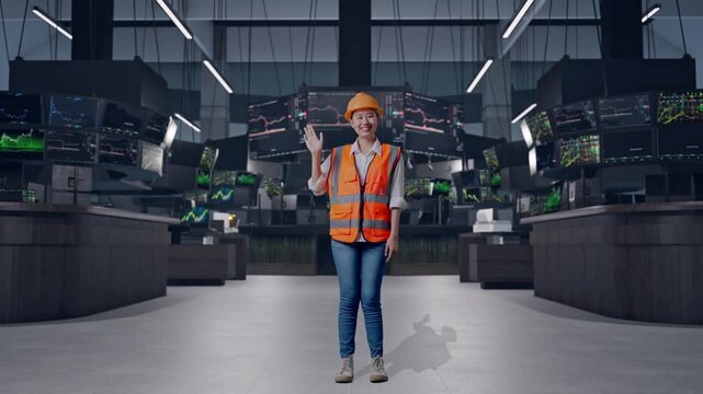 Full Body Of Asian Female Engineer With Safety Helmet Smiling To Camera And Waving Hand Saying Bye While Standing at Financial Trading Control Room