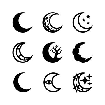 Collection of Various Moon Phases and Celestial Symbols.