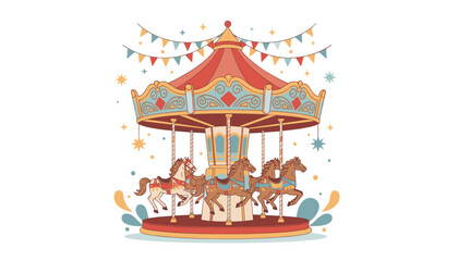 Fototapeta premium Vintage style carousel with colorful horses spinning in a circle surrounded by festive bunting and stars.