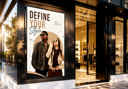 Storefront Billboard Mockup on Modern Fashion Boutique Facade