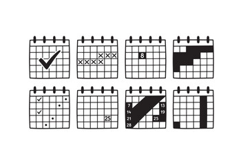 Fototapeta premium Minimalist calendar icon set with 8 vector elements, hand drawn planner symbols for scheduling, black and white organization icons for time management