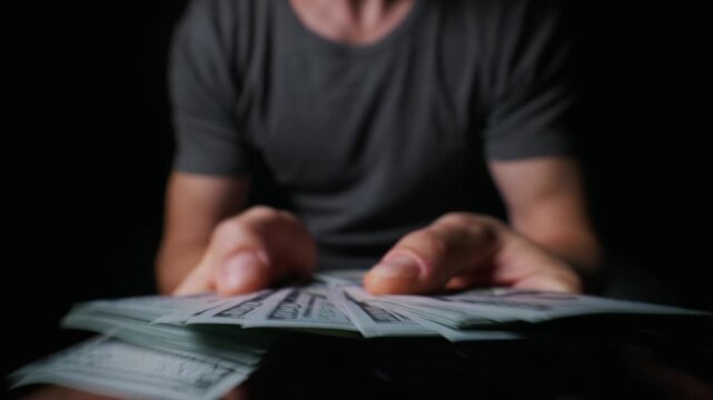 A man hands count a thick stack of American hundred-dollar bills against a dark background. Concept of wealth, financial success, bribery, illegal cash transactions, and business savings.