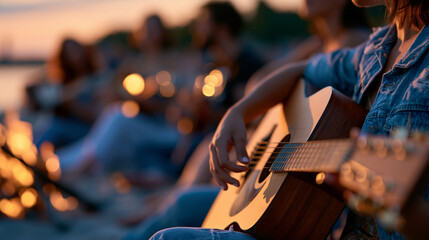 Fototapeta premium Friends playing guitar together and singing on a sandy beach, defocused sunset in the background, bonfire vibes, summer gathering, with copy space