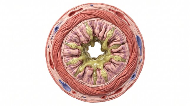 3D Microscopic Diagram of Bronchospasm and Mucus Secretion in Asthma Attack