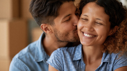 Fototapeta premium Man kissing a smiling woman on the cheek amid moving boxes, affectionate couple, home relocation romance, with copy space