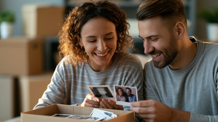 Obraz premium Cheerful pair holding vintage photographs and laughing together surrounded by moving boxes, sentimental memories, family archive, new home nostalgia, with copy space