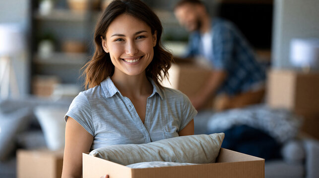 Portrait of a joyful woman holding a box of pillows while her partner unpacks in the blurred background, defocused interior, home moving, cozy new apartment, with copy space