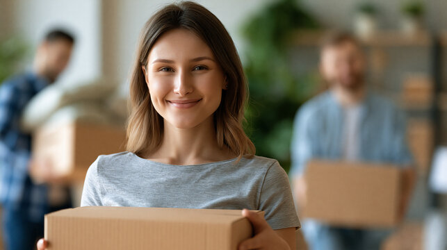 Portrait of a joyful woman holding a box of pillows while her partner unpacks in the blurred background, defocused interior, home moving, cozy new apartment, with copy space