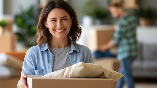 Portrait of a joyful woman holding a box of pillows while her partner unpacks in the blurred background, defocused interior, home moving, cozy new apartment, with copy space