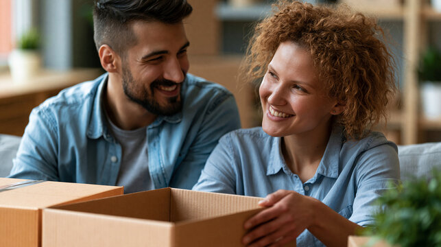 Couple exchanging glances while unpacking boxes together, collaborative moving, shared responsibilities, home organization, with copy space