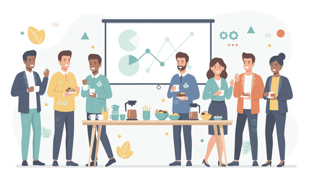 Professional team of colleagues gathering for a business presentation with charts and refreshments served on a wooden table in a bright office.