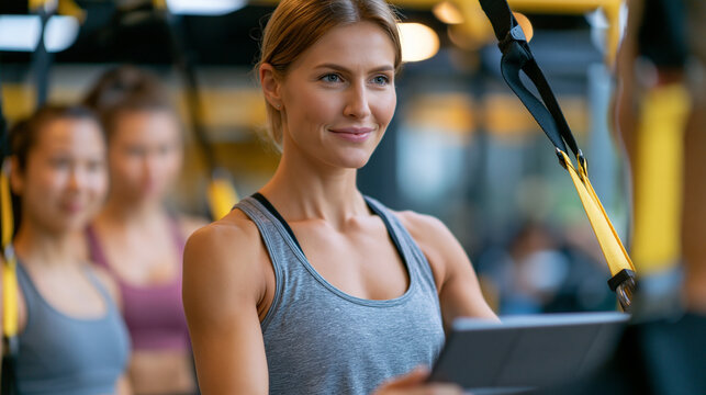 Faceless personal trainer demonstrating a suspension strap exercise while two women observe in a gym, fitness coaching, workout technique, functional training, with copy space