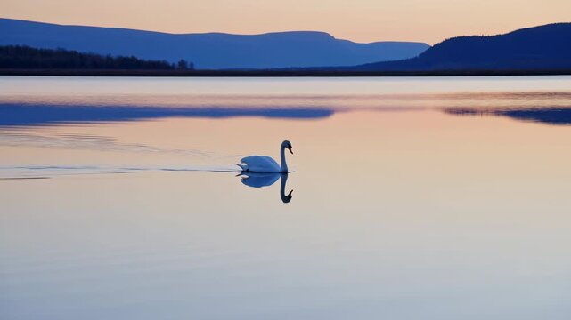 White swan gliding across calm lake at dusk with clear reflection and trailing wake