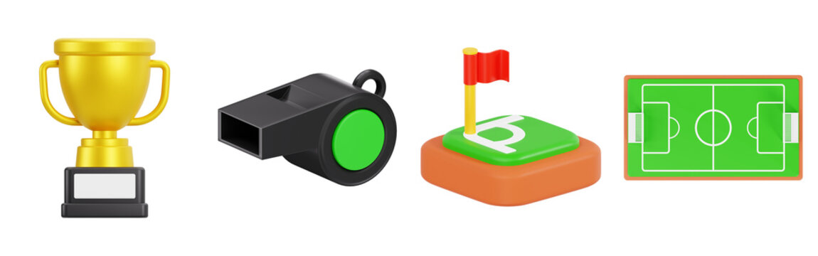 3D Soccer Sports Icons Set Including Trophy Whistle Corner Flag and Football Field