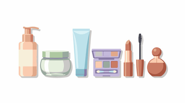 Assorted cosmetic products including a pump bottle jar tube eyeshadow lipstick mascara and perfume