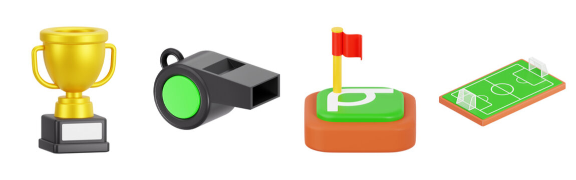 3D Soccer Sports Icons Set Including Trophy Whistle Corner Flag and Football Field