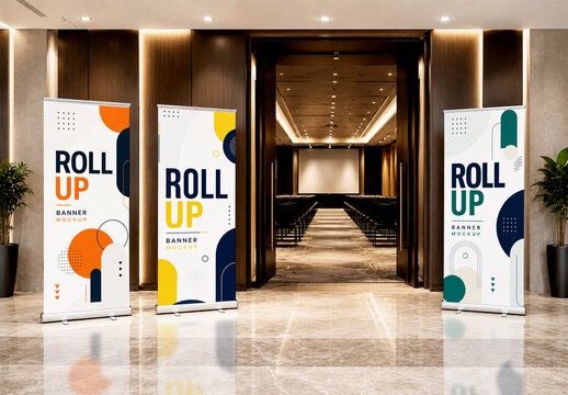 Triple Roll Up Banner Mockup in Conference Hall Entrance