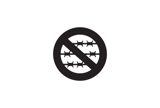 Barbed wire prohibition sign, black forbidden symbol with razor wire icon, no fencing allowed vector, human rights and freedom concept