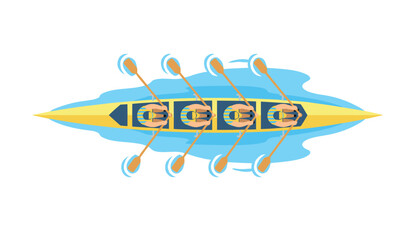 Minimalist top-down view of four rowers in a boat paddling on calm blue water, representing synchronized effort and athletic teamwork. © Elizabeth