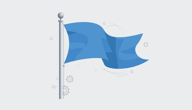Single blue flag waving on a metal flagpole against a plain neutral background representing achievement or signaling.