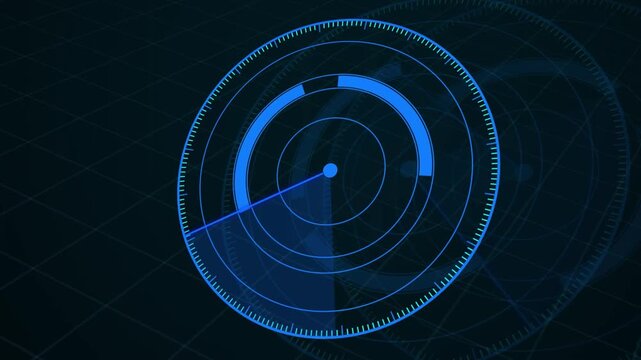radar hud animation on grid rotation background. Radar screen animated, syan color 3d world map radar HUD animation