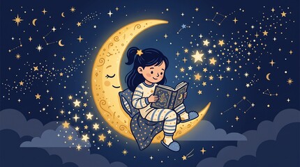 Little Girl Reading a Book While Sitting on a Crescent Moon © Revaldi