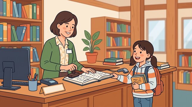 Librarian Stamping a Book for a Young Student in a Library